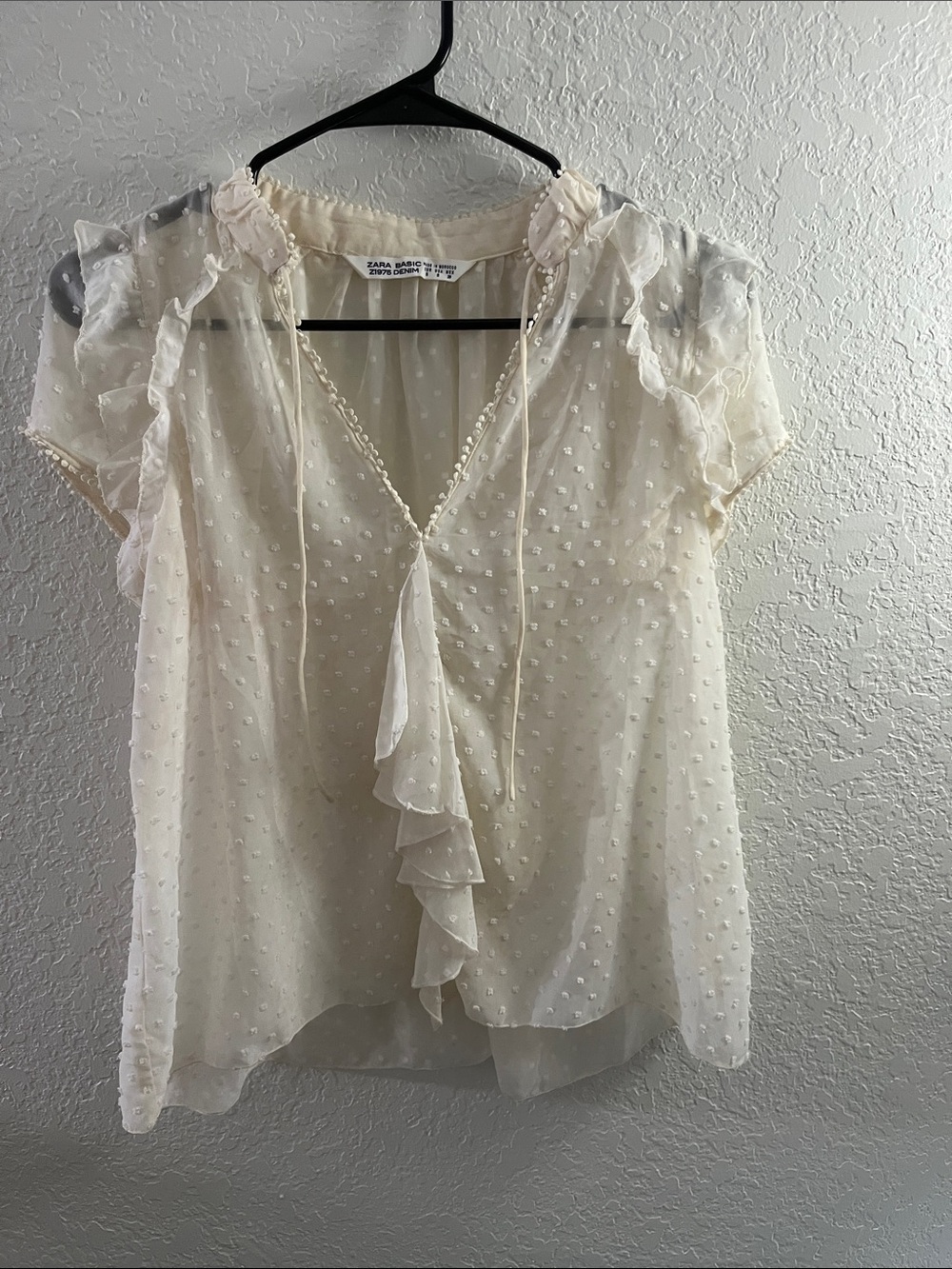 Zara Ivory Swiss Dot Ruffle Tie Blouse